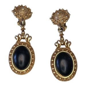 DKNY Donna Karan Couture Dark Green Cabochon Goldtone Clip Earrings